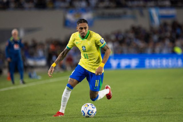 Raphinha of Brazil in action during the South of American FIFA World Cup 2026 Qualifier between Argentina and Brazil at Estadio Mas Monumental Antonio Vespucio Liberti on March 25, 2025 in Buenos Aires, Argentina. (Photo by Matias Baglietto/NurPhoto via Getty Images)
